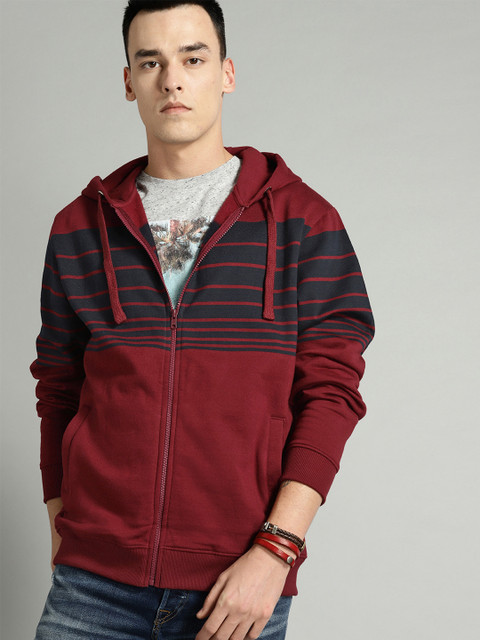 

Roadster Men Maroon & Navy Blue Striped Hooded Sweatshirt