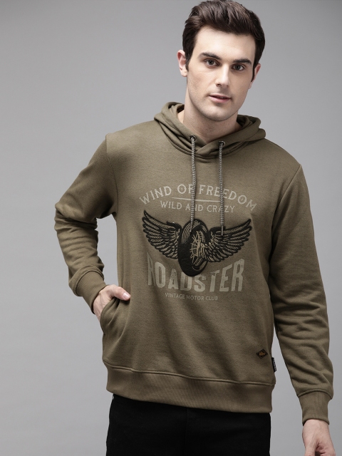 

Roadster Men Olive Green Printed Hooded Pullover Sweatshirt