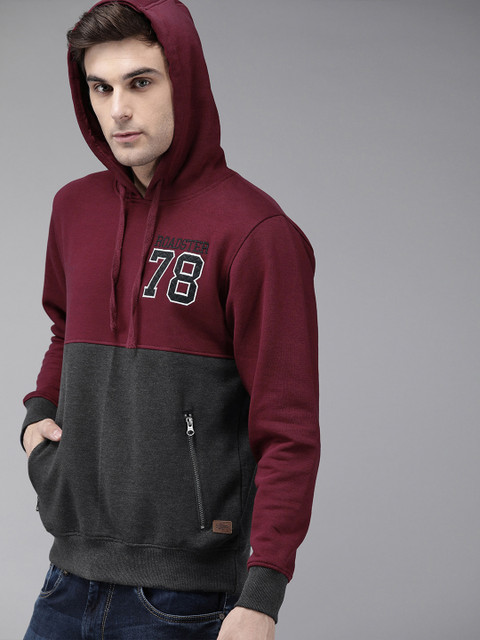 

Roadster Men Maroon & Black Colourblocked Hooded Sweatshirt