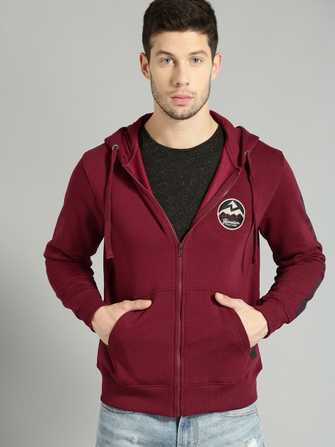 

Roadster Men Burgundy Solid Hooded Sweatshirt