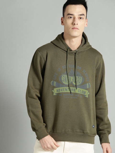 

Roadster Men Olive Green Printed Hooded Sweatshirt