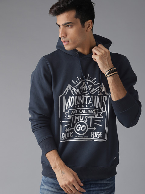 

The Roadster Lifestyle Co Men Navy Blue & Grey Printed Hooded Sweatshirt