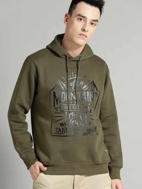 

Roadster Men Olive Green Printed Hooded Sweatshirt