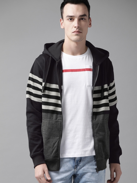

Roadster Men Charcoal Grey & Black Striped Hooded Sweatshirt