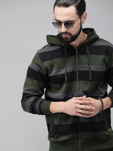 

Roadster Men Olive Green & Black Striped Hooded Sweatshirt