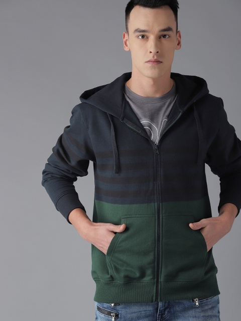 

The Roadster Lifestyle Co Men Navy Blue & Green Colourblocked Hooded Sweatshirt