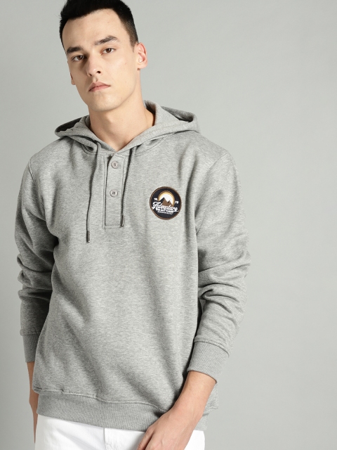 

Roadster Men Grey Melange Solid Hooded Sweatshirt