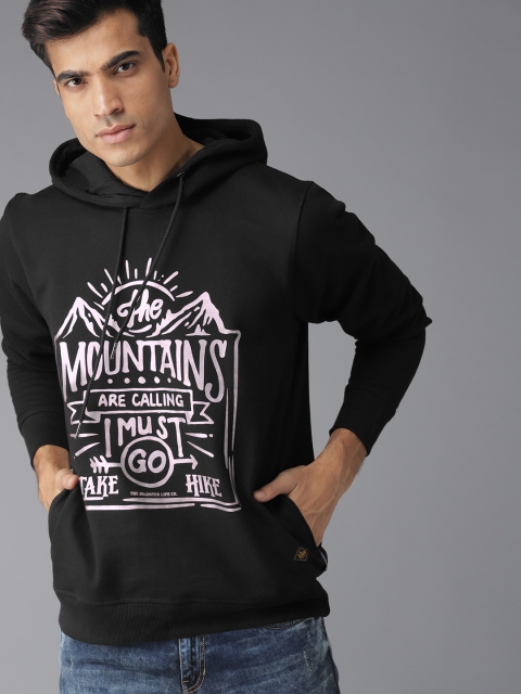 

Roadster Men Black & Silver Printed Hooded Sweatshirt