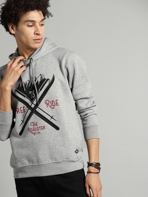 

Roadster Men Grey Melange & Black Printed Hooded Sweatshirt