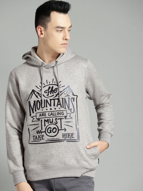 

Roadster Men Grey Melange Printed Hooded Sweatshirt