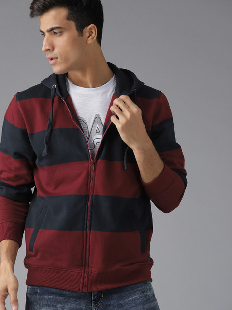 

Roadster Men Navy Blue & Maroon Striped Hooded Sweatshirt