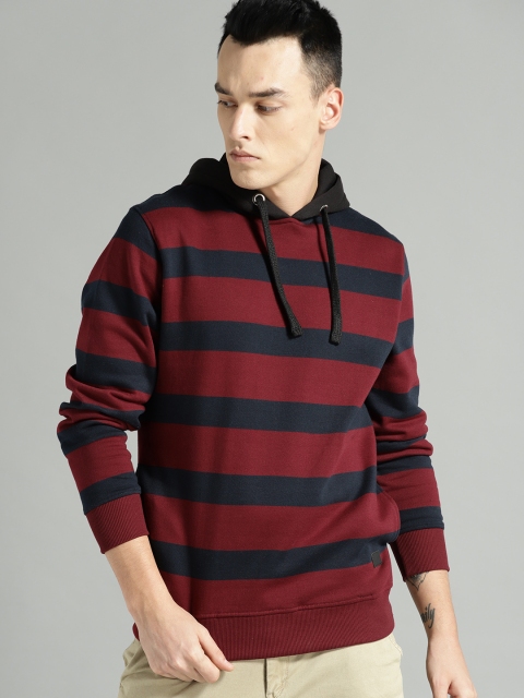 

Roadster Men Maroon & Navy Blue Striped Hooded Sweatshirt
