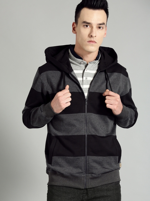 

Roadster Men Black & Charcoal Grey Striped Hooded Sweatshirt