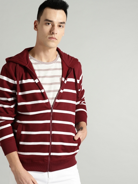 

Roadster Men Maroon & White Striped Hooded Sweatshirt