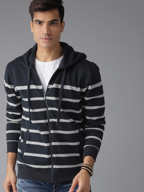 

Roadster Men Navy Blue & Grey Striped Hooded Sweatshirt