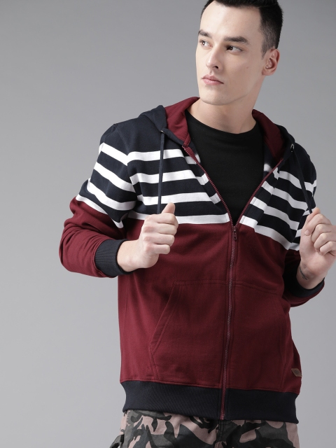 

Roadster Men Maroon & Navy Blue Striped Hooded Sweatshirt