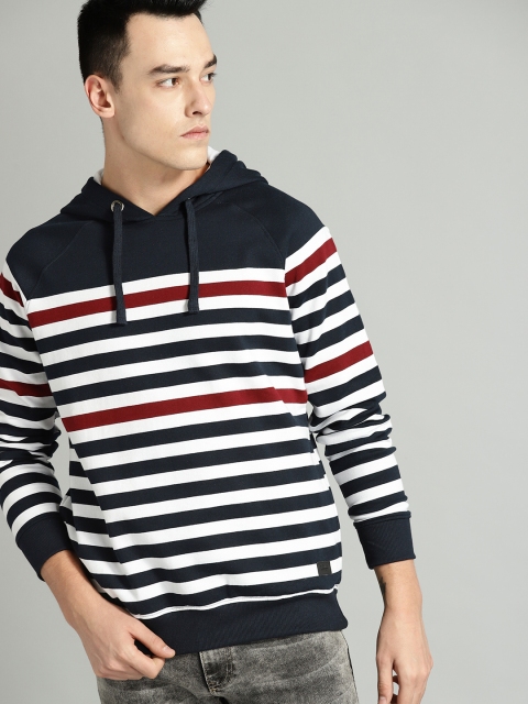 

Roadster Men White & Navy Blue Striped Hooded Sweatshirt