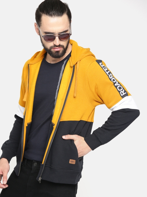 

Roadster Men Mustard & Navy Blue Colourblocked Hooded Sweatshirt