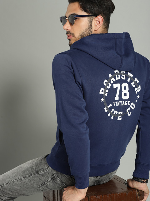 

Roadster Men Navy Blue Printed Hooded Sweatshirt