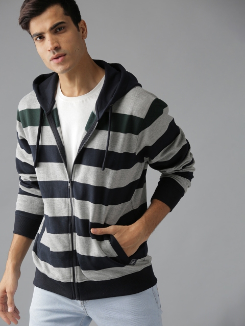 

Roadster Men Navy Blue & Grey Melange Striped Hooded Sweatshirt