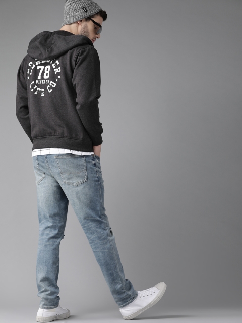 

Roadster Men Charcoal Grey & White Printed Back Hooded Sweatshirt