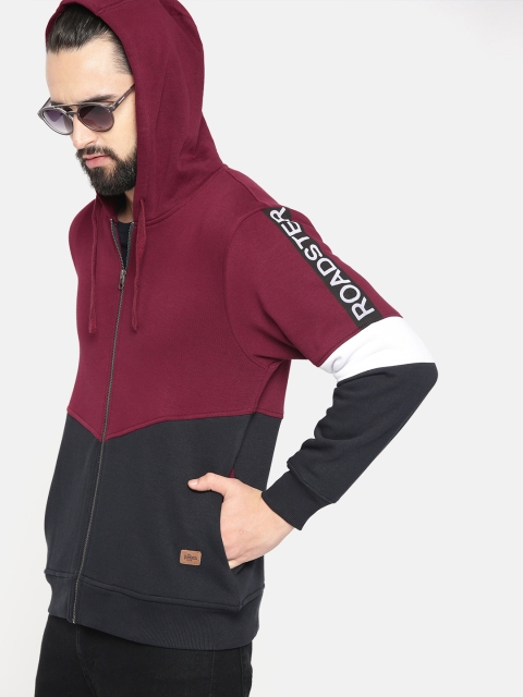 

Roadster Men Maroon & Navy Blue Colourblocked Hooded Sweatshirt