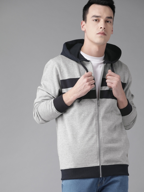 

Roadster Men Grey Melange Solid Hooded Sweatshirt with Elbow Patch