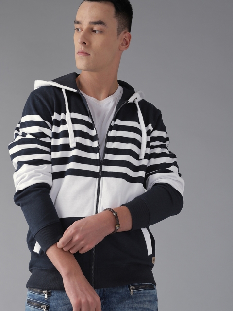 

Roadster Men Navy Blue & White Striped Hooded Sweatshirt