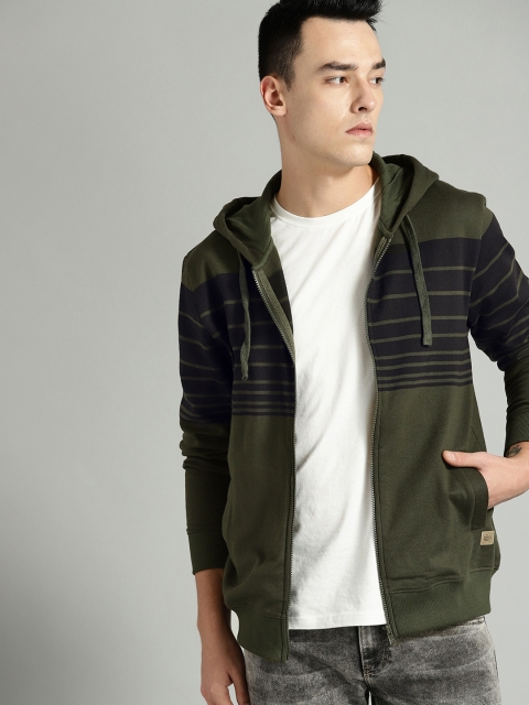 

Roadster Men Olive Green & Black Striped Hooded Sweatshirt