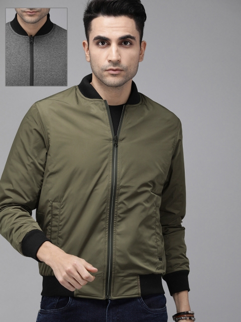 

Roadster Men Olive Green & Charcoal Grey Solid Reversible Bomber Jacket