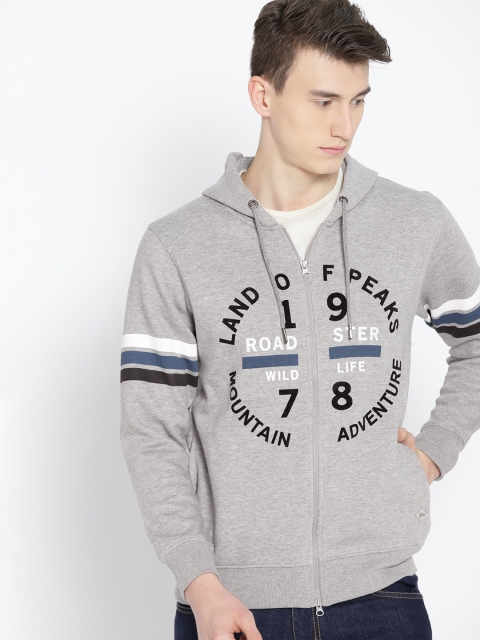 

Roadster Men Grey Melange & Black Printed Hooded Sweatshirt