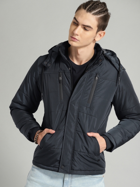 

Roadster Men Navy Solid Jacket With Detachable Hood, Navy blue