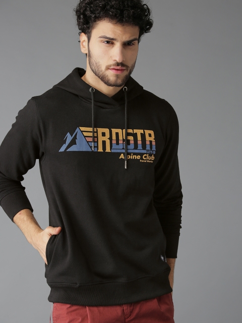 

Roadster Men Black & Brown Embossed Printed Hooded Sweatshirt