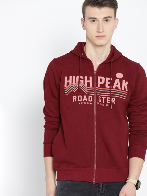 

Roadster Men Maroon & Pink Printed Hooded Sweatshirt