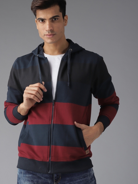 

Roadster Men Navy Blue & Maroon Striped Hooded Sweatshirt
