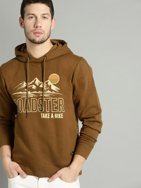 

Roadster Men Mustard Brown & Cream-Coloured Printed Hooded Sweatshirt