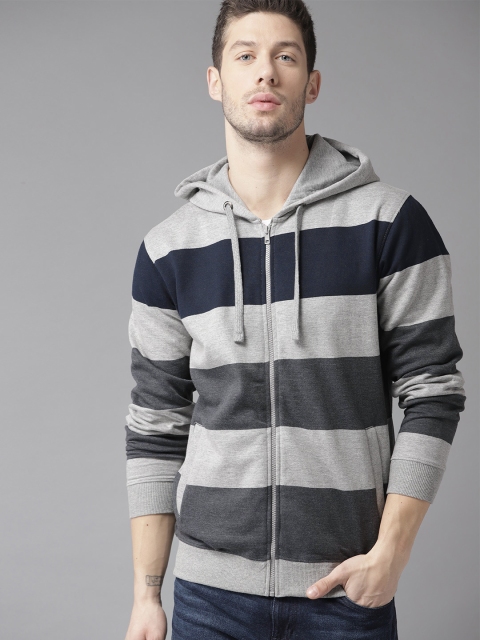 

Roadster Men Grey & Navy Blue Striped Hooded Sweatshirt