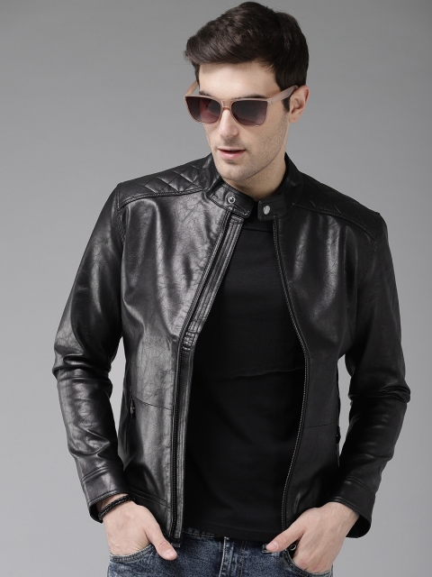 

Roadster Men Black Solid Biker Jacket