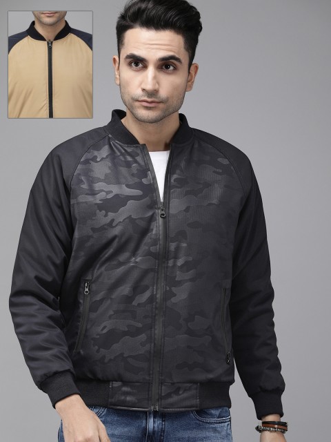 

Roadster Men Navy & Beige Camouflage Printed Reversible Bomber Jacket, Navy blue