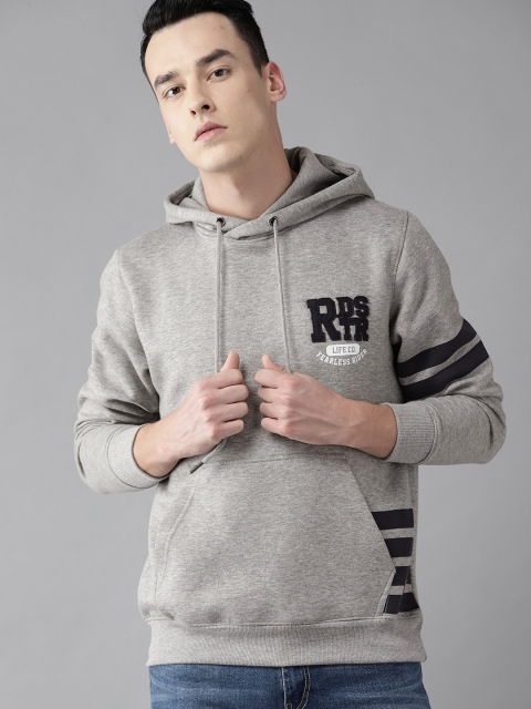 

Roadster Men Grey Melange Solid Hooded Sweatshirt