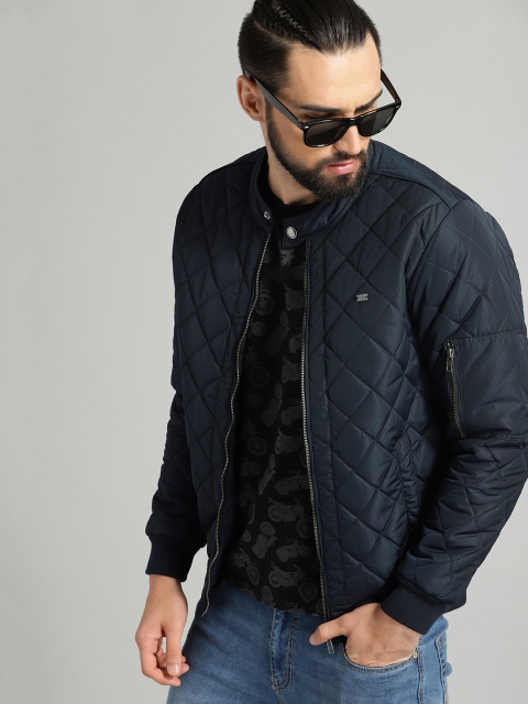 

Roadster Men Navy Blue Printed Lightweight Bomber Jacket