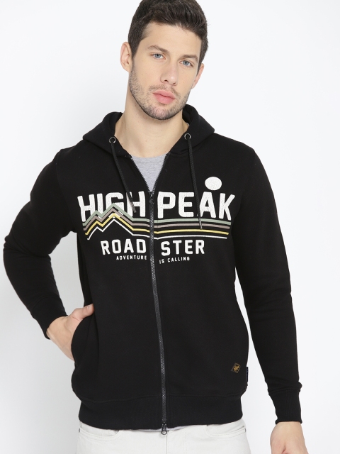 

Roadster Men Black & White Printed Hooded Sweatshirt
