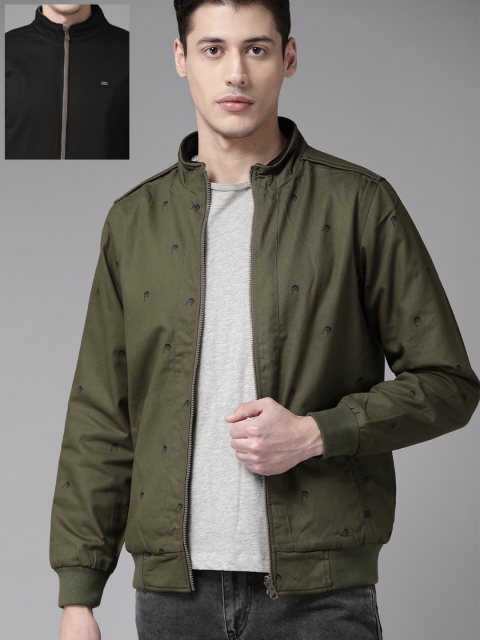 

Roadster Men Olive Green & Black Printed Reversible Tailored Jacket