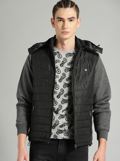 

Roadster Men Black Solid Padded Jacket With Detachable Hood