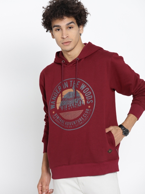 

Roadster Men Maroon & Grey Printed Hooded Sweatshirt