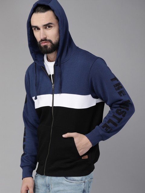 

The Roadster Lifestyle Co Men Blue & Black Colourblocked Hooded Sweatshirt
