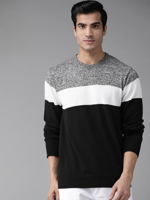 

Roadster Men Black & Grey Melange Colourblocked Pullover Sweater
