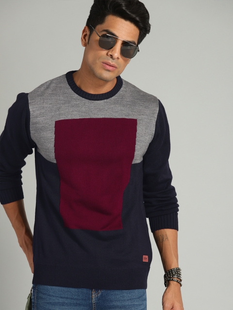 

Roadster Men Navy Blue & Grey Melange Colourblocked Sweater