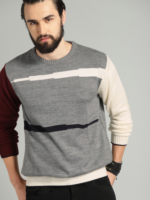 

Roadster Men Grey & Cream-Coloured Self Design Sweater