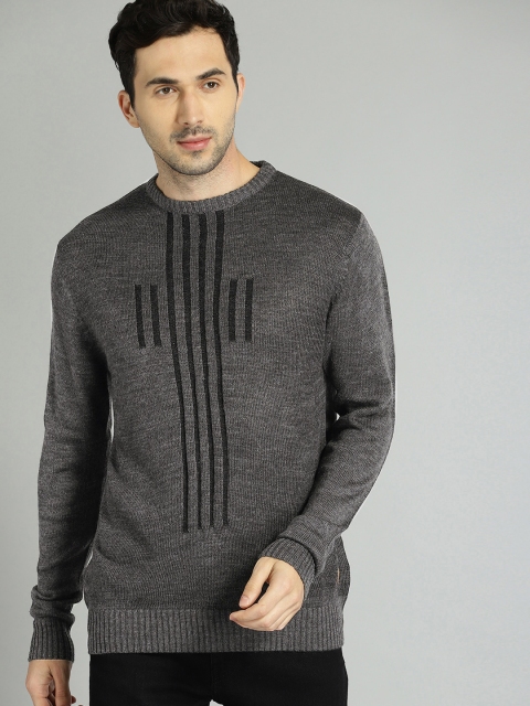 

Roadster Men Charcoal Grey & Black Striped Sweater